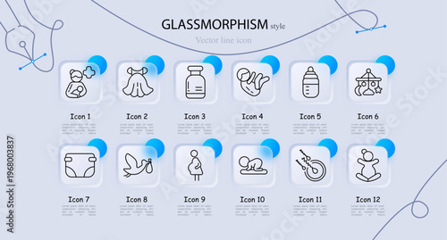 Baby newborn set icon. Mother feeding infant, baby blanket cloth, milk bottle, crawling baby, baby feeding bottle, nursery mobile toy, diaper pants, stork delivery, pregnant woman