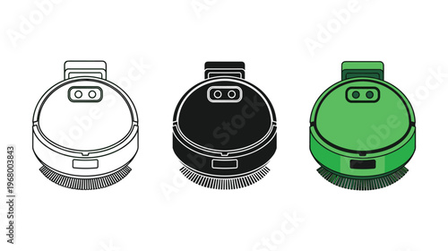 Robot Vacuum Cleaner Vector Set Smart Home Cleaning Device Line Art and Solid Icons in Black White and Green