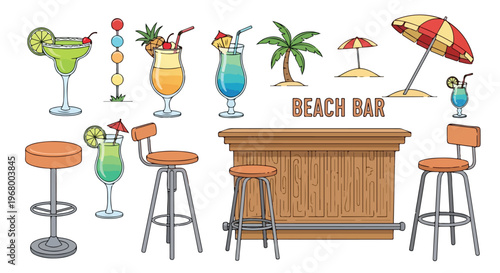 Tropical beach bar vector set, summer cocktail illustrations with wooden bar counter and stools, exotic vacation party icons with palm tree