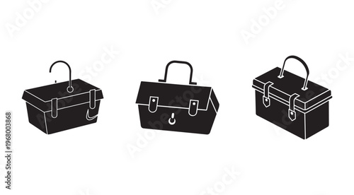 Blackandwhite illustration of three closed briefcases with handles and buckles in different positions and angles  isolated on white background