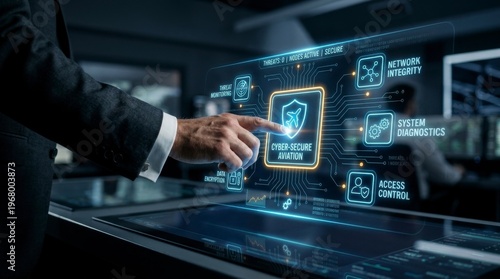 Cyber Security Control Panel: An authoritative hand interacts with an illuminated interface, highlighting cyber security protocols within a high-tech control room.