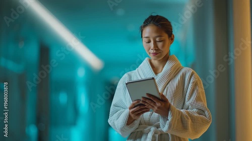 A woman in a soft white robe stands in a serene hallway illuminated by blue lights. She gazes at her tablet, smiling as she connects with the digital realm. The night offers a moment of peace.