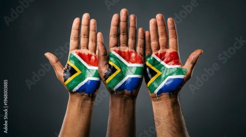 Unity in Colors: Hands painted with the vibrant flag of South Africa rise together, symbolizing solidarity, diversity, and the spirit of a nation united in strength.