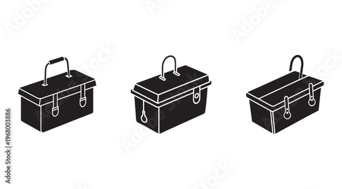 Blackandwhite illustration of three closed metal toolboxes with handles and latches in different orientations on white background