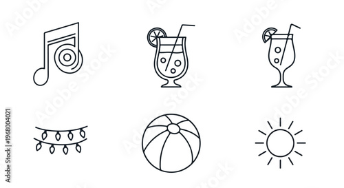 Minimalist summer party icons set, thin line beach vacation vector elements, tropical cocktail and music symbols for seasonal events and travel apps