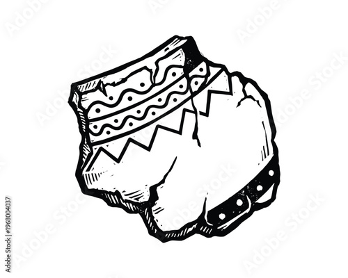 Fragment of broken clay pot. ethnic ornament. abstract pattern. hand drawn. linocut style. ceramic piece.