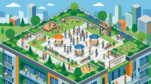 Isometric Sustainable Urban Rooftop Garden and Community Plaza Illustration with Solar Panels, Green Architecture, and Diverse People Socializing in an Eco-Friendly City