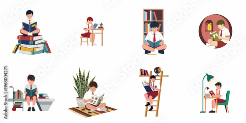 A collection of illustrations depicting schoolboys reading books in various settings, promoting education, literacy, and a love for learning.
