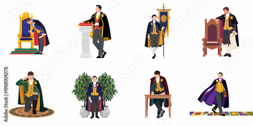 Flat Vector Illustration Set of a Royal Aristocrat or Court Official Performing Various Ceremonial and Administrative Tasks in Elegant Historical Attire.