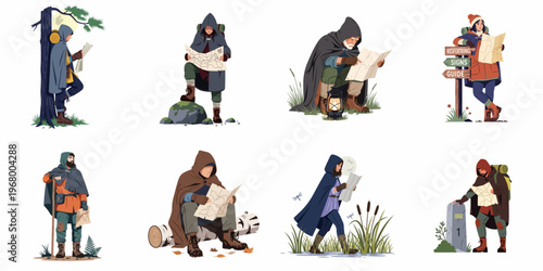 Set of fantasy adventurers and travelers navigating various landscapes with maps and gear, illustrated in a modern flat vector style.