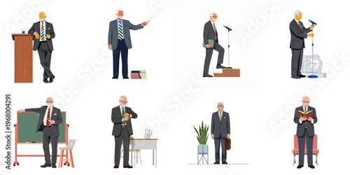 Collection of senior professional man illustrations in various roles like teaching, lecturing, and speaking in corporate and academic settings.