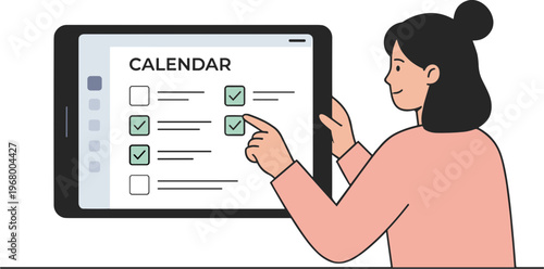Woman interacting with a digital calendar on a tablet indoors