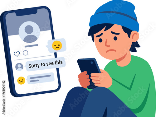 A young person sits and looks sad while checking their phone.