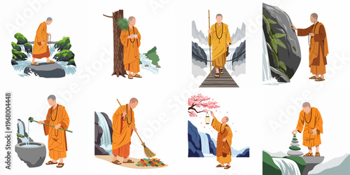 Set of flat vector illustrations featuring a Buddhist monk in orange robes engaged in various mindful activities within peaceful natural environments.