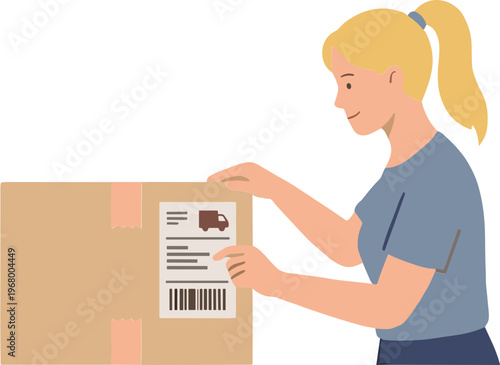 Woman applies shipping label on cardboard box in warehouse setting daily