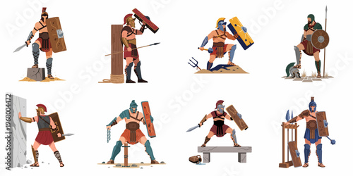 A collection of eight ancient Roman gladiator character illustrations in various combat and training poses, isolated on a white background.