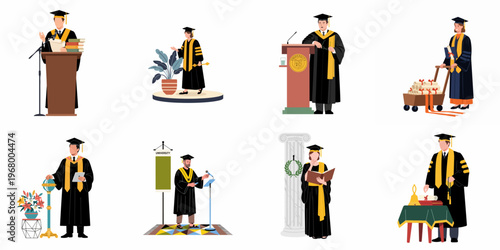 Set of flat vector illustrations depicting professors and graduates in academic regalia performing various roles during a university graduation ceremony.