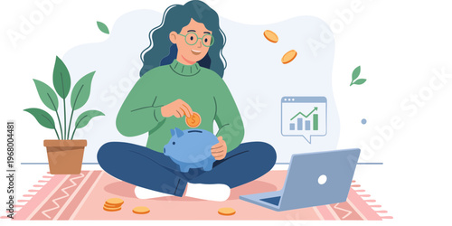 Woman sits on rug with laptop saving coins in a jar at home indoors