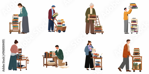 Illustrations of diverse people organizing and moving stacks of books on vintage carts and trolleys, perfect for library, education, and literature themes.