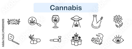 Cannabis set icon. High text, magnifier leaf, wine glass, ufo abduction, bong, flower, joint, pills, vaporizer, plant pots, lips smoke, eye, marijuana culture, recreation, lifestyle