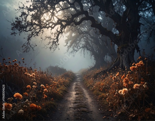 枯れた花が咲く薄暗い山道