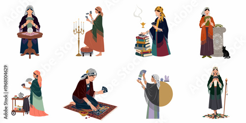 Collection of Fortune Tellers and Mystical Women with Tarot Cards, Crystal Balls, and Esoteric Symbols in a Flat Vector Illustration Style.