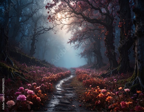 怪しい森の中の花が咲き誇る一本道