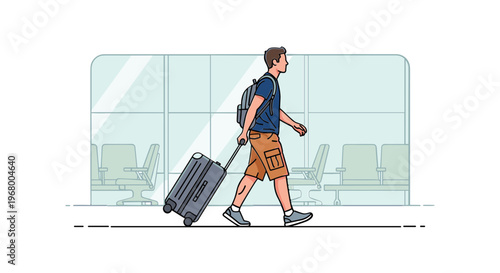 Man Walking with Luggage at Airport Terminal.