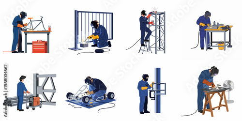 Collection of diverse industrial welders in protective gear performing various metal fabrication and repair tasks in workshop and construction site environments.
