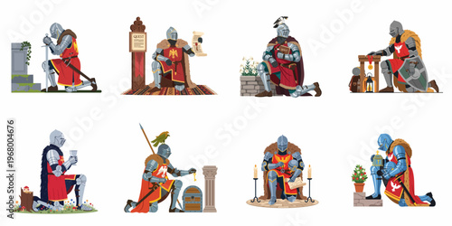A Comprehensive Collection of Medieval Knight Illustrations Depicting Various Quests, Rituals, and Scenarios in a Detailed Flat Vector Art Style