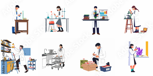 Flat style illustrations of scientists conducting experiments, using lab equipment, and organizing samples in a professional research laboratory environment.