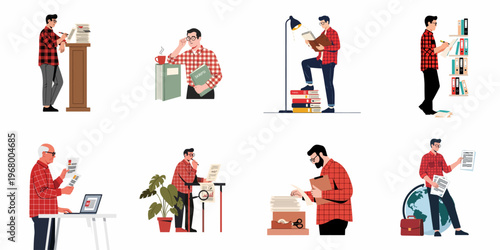 Collection of Academic Illustration Scenes with Students and Scholars Studying, Researching, and Writing in Various Educational Settings.