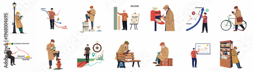 Comprehensive collection of flat vector illustrations featuring economics professors analyzing data, presenting market trends like supply and demand, and observing urban life.