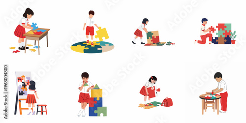 Flat illustration set of school children in uniform playing with and assembling large, colorful jigsaw puzzles in various educational settings.