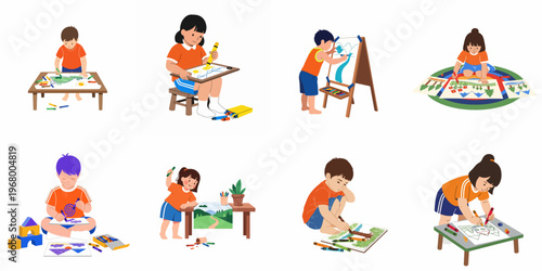 Collection of diverse children engaged in creative drawing and painting activities using various art supplies, presented in a clean flat illustration style.