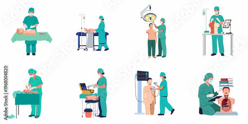 Flat vector illustrations showing medical students and surgeons practicing various surgical procedures on anatomical mannequins and medical models for educational training.