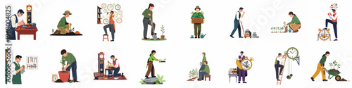 Collection of flat vector illustrations depicting people engaged in gardening activities and the craft of clock and watch repair.