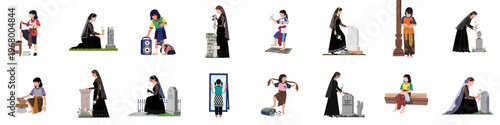 Vector illustrations of a mourning woman at a cemetery and a young girl in traditional attire performing various daily activities and routines.