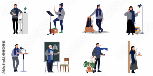 A diverse set of characters engaged in various vocal exercises, musical training, and singing practice sessions, isolated on a white background.