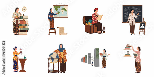 Collection of Indonesian women in traditional kebaya engaged in diverse educational, historical, and cultural activities such as teaching, reading, and exploring artifacts.
