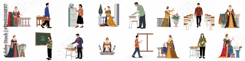 Vector Illustration Set Featuring Queens in Regal Attire and Individuals in Traditional Batik Clothing within Educational and Historical Settings