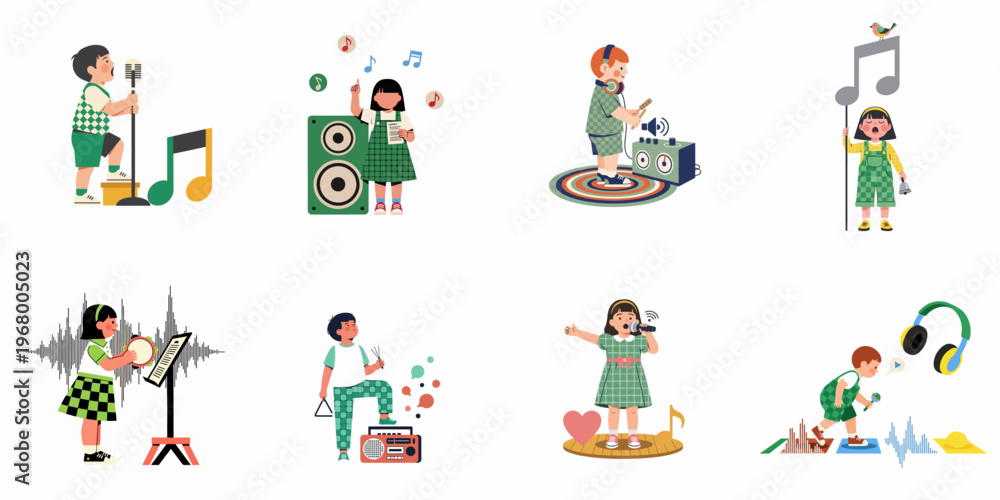 Fototapeta premium Set of cute cartoon children singing and playing various musical instruments, vector illustration collection isolated on white background.