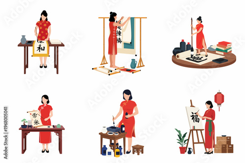 Set of illustrations depicting women in traditional red Cheongsam performing different techniques and stages of Chinese calligraphy art on paper and scrolls.