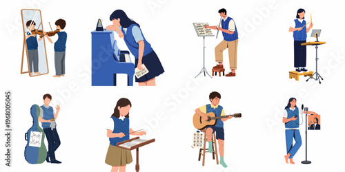 Set of illustrations featuring students practicing musical instruments like violin, piano, flute, guitar, and singing, highlighting music education and dedication.
