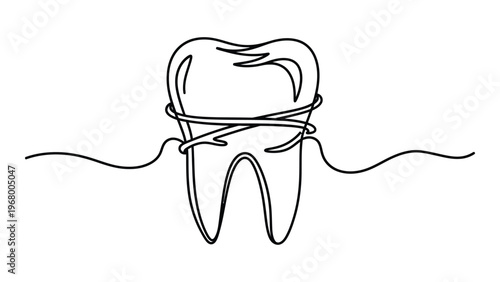 A continuous line drawing depicts a tooth with dental floss showcasing oral hygiene in a minimalist silhouette high quality professional detailed