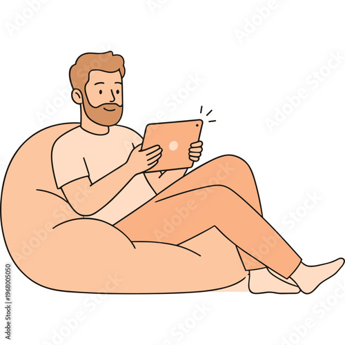 Man sitting on beanbag chair holding tablet with surprised expression