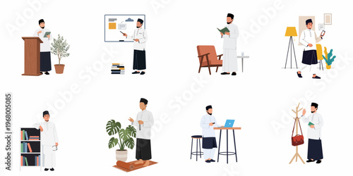 Set of illustrations of a Muslim man in traditional attire engaged in various activities like teaching, praying, working, and reading.