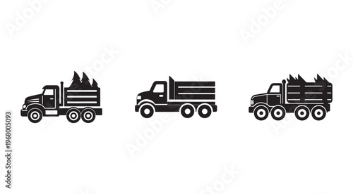 Blackandwhite silhouette of three different dump trucks carrying logs sidebyside on white background