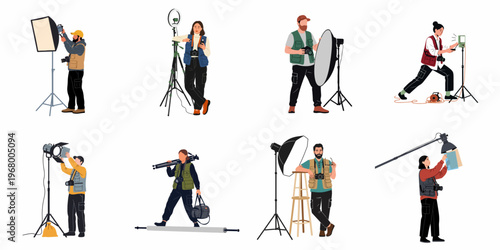 Collection of diverse professional photographers and film crew members with lighting equipment, cameras, and studio gear in flat illustration style.