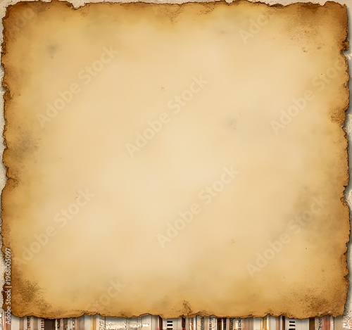 Vintage aged parchment with burnt edges and blank center, perfect for antique backgrounds, invitations, treasure maps, or historical design projects